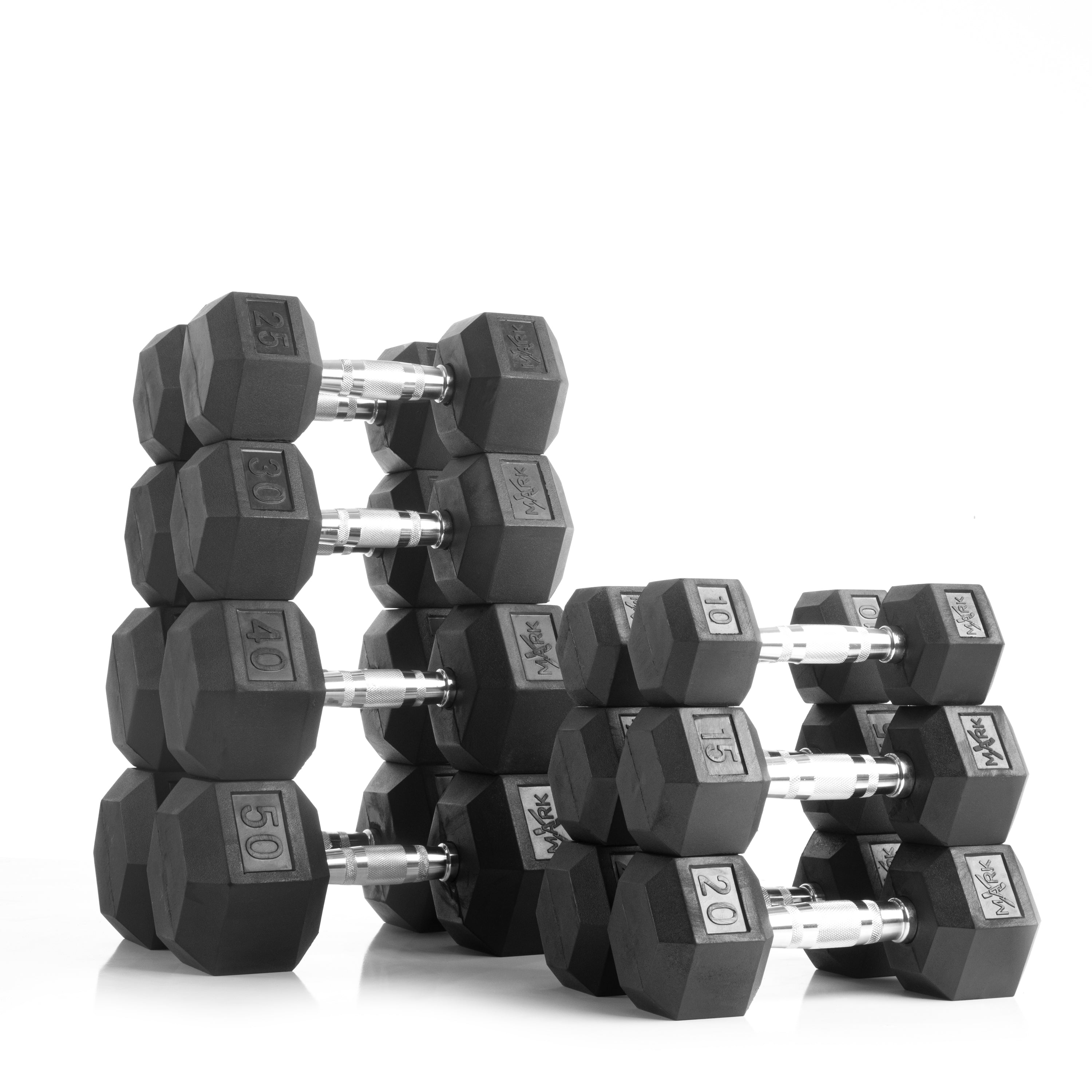 XMARK 10 to 50 lbs. Rubber Hex Dumbbell Pairs Includes 2-Tier Storage Rack