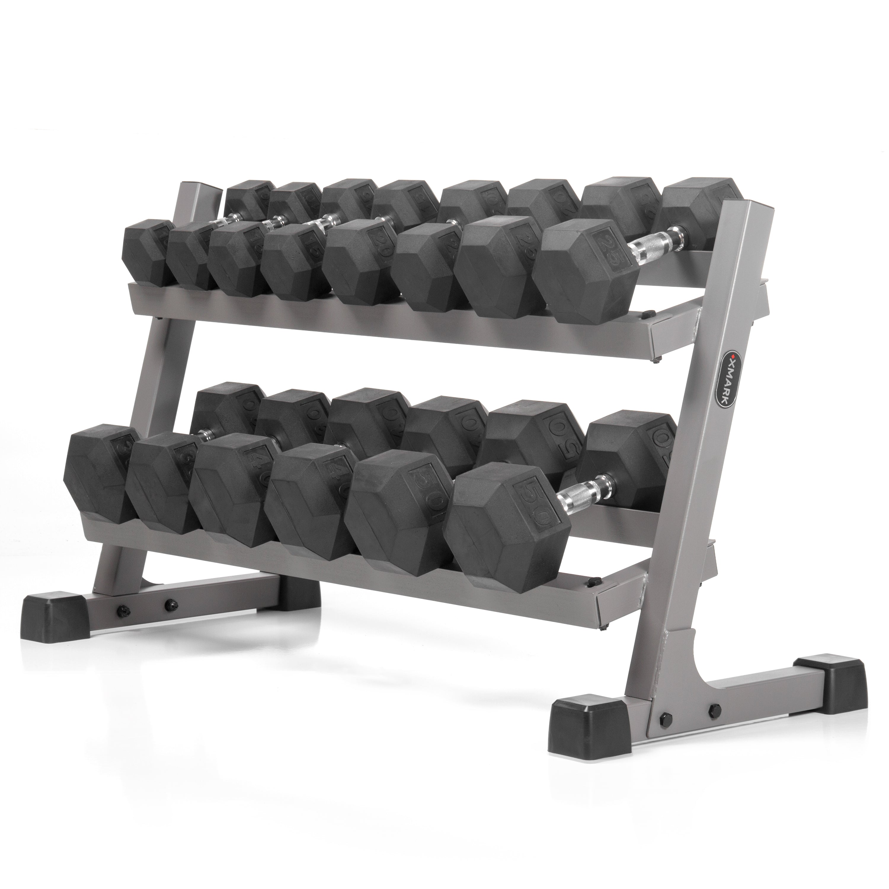 XMARK 10 to 50 lbs. Rubber Hex Dumbbell Pairs Includes 2-Tier Storage Rack