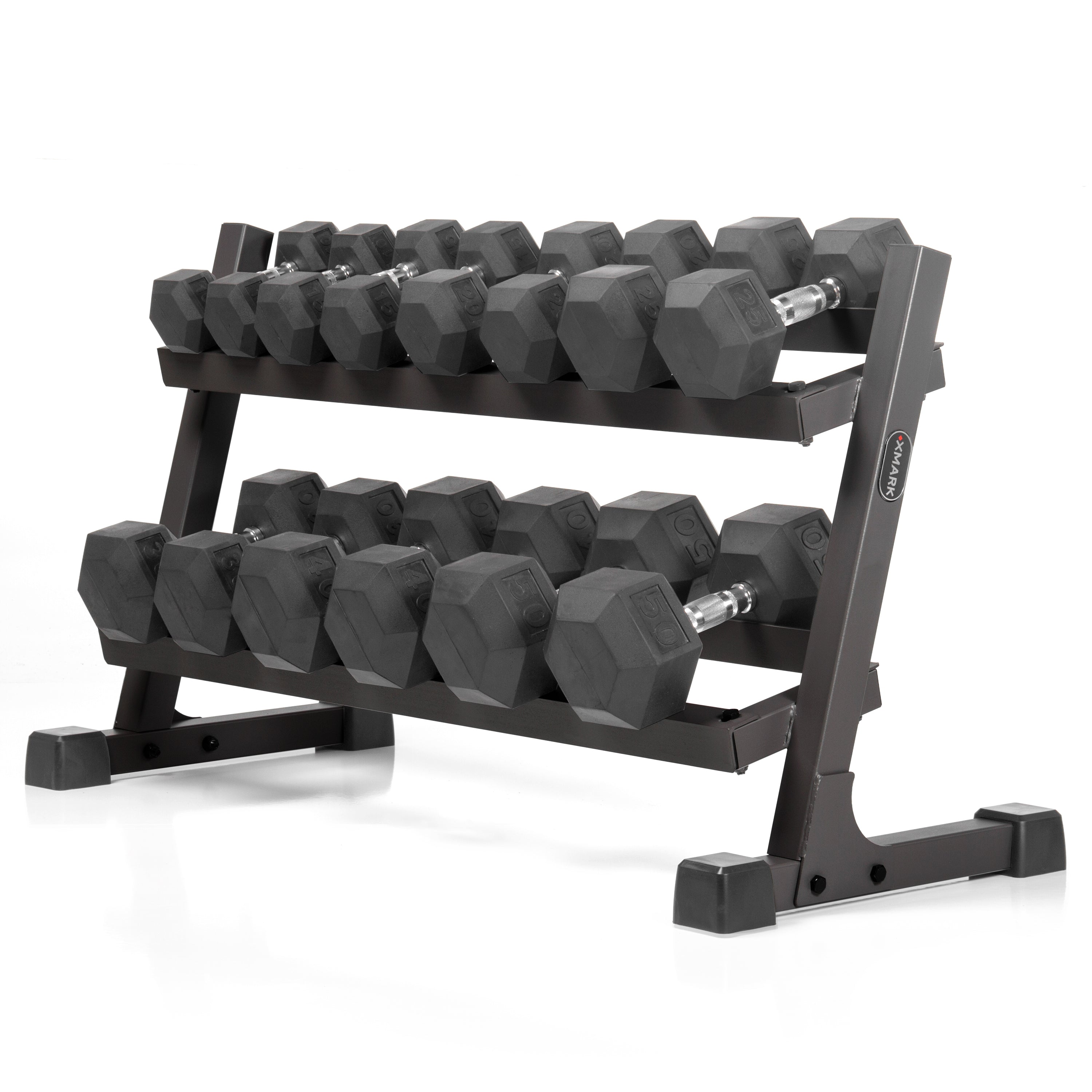 XMARK 10 to 50 lbs. Rubber Hex Dumbbell Pairs Includes 2-Tier Storage Rack
